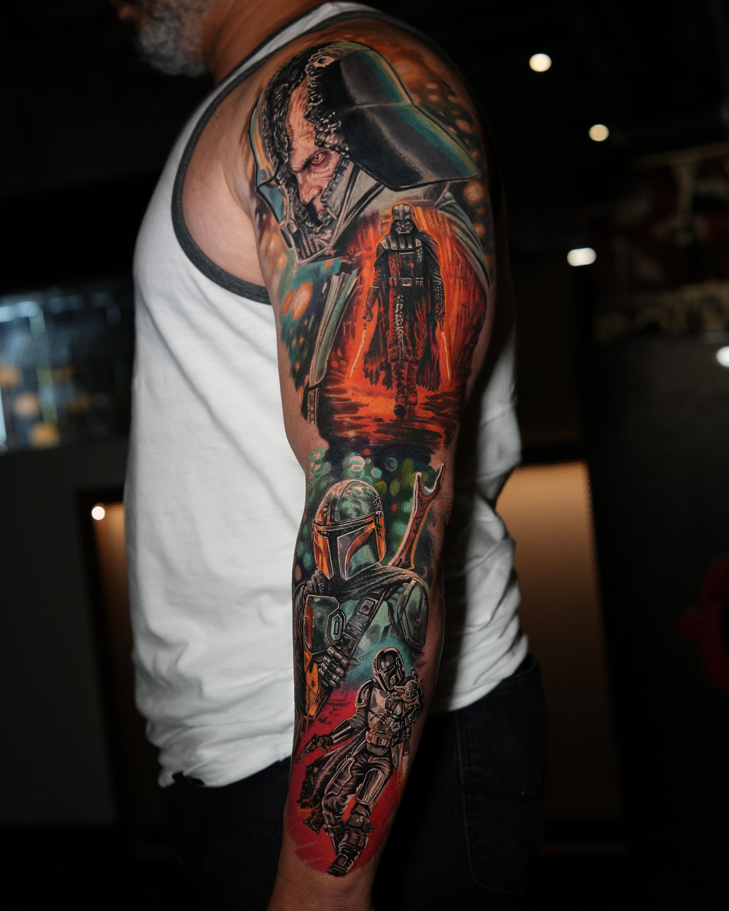 Manga completa de tatuaje realista a color de Star Wars con Darth Vader y el Emperador, por Rivas Indeed, San Juan, Puerto Rico